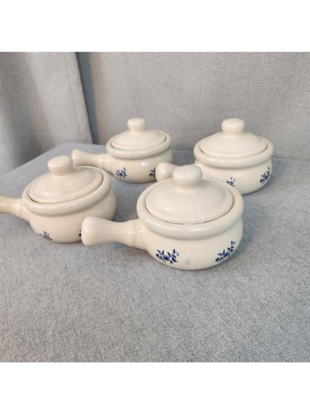 Vintage Glazed Stoneware Lot 4 Handle Crocks Beige Blue Floral French Onion USED - Picture 6 of 9